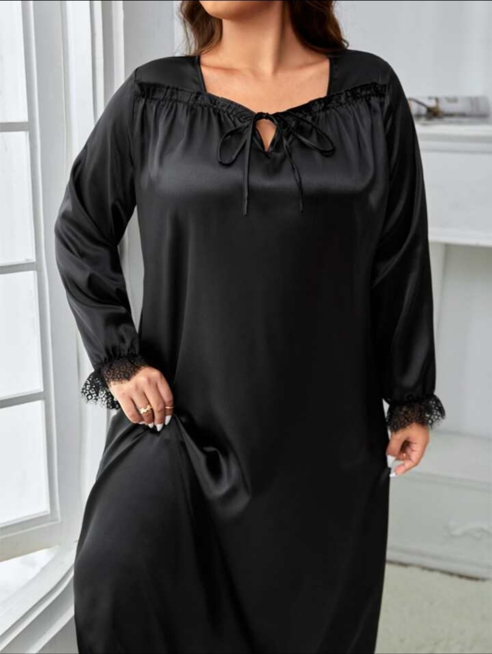 Black Satin Nightgown Night Dress Plus Size 2X Lace Trim Victorian Witchy Gothic